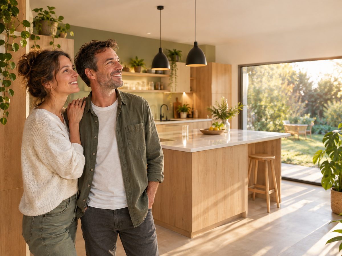 Un couple découvre, ravi, sa cuisine qui vient d'être rénovée par un artisan.